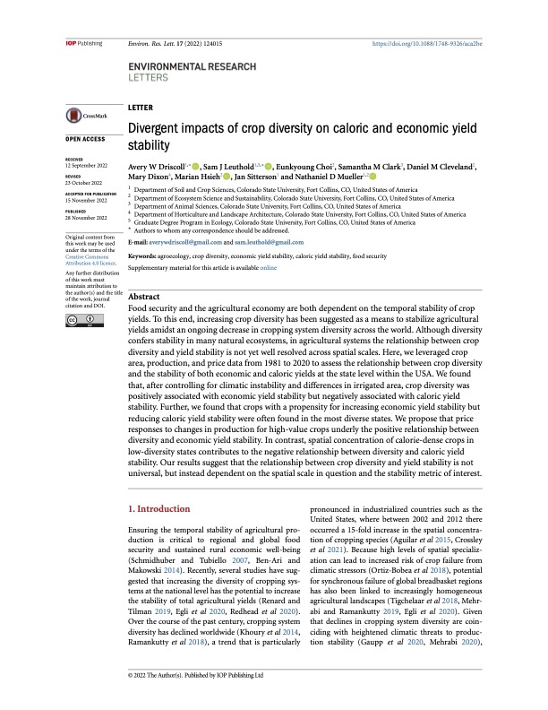 Crop diversity impacts on economic and caloric yield stability